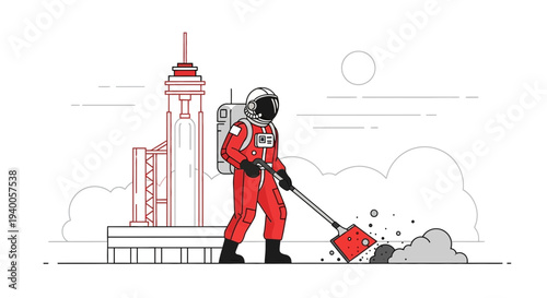 Astronaut cleaning space debris with shovel near rocket launch pad