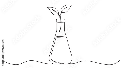 Plant sprout in lab flask with single continuous line drawing and wavy base featuring seedling, leaf, laboratory with science and experiment elements