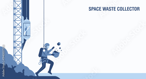 Astronaut collecting space debris with a net in orbit, concept of space cleanup