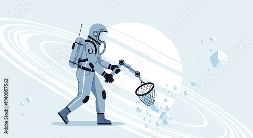 Astronaut collecting space debris with a net near Saturn's rings