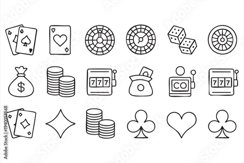 Casino Gaming Symbol Collection With Roulette And Slot Machine