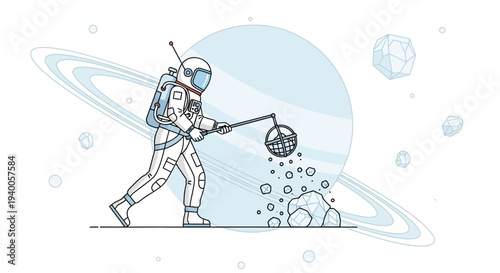 Astronaut collecting space rocks with net near Saturn-like planet