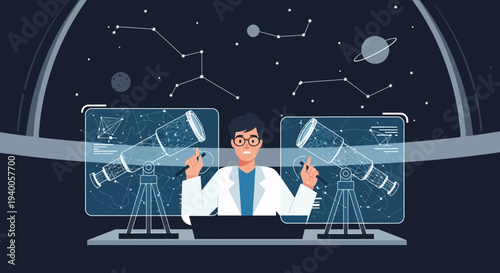 Astronomer studying constellations and planets on futuristic holographic screens