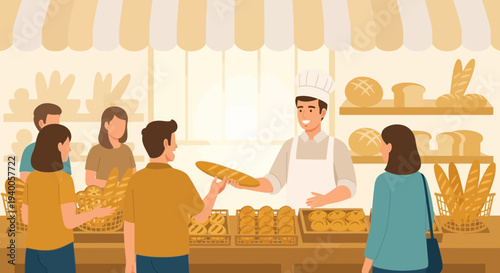 Baker selling fresh bread to customers in a cozy bakery shop