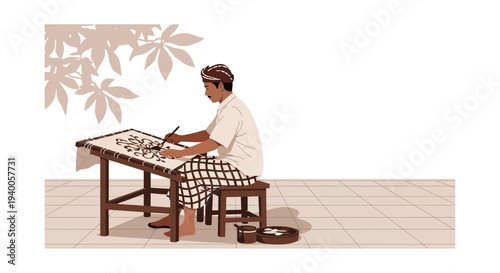 Balinese Artist Creating Batik Art on a Table Under a Tree