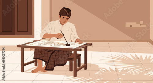 Balinese artist creating batik painting on a wooden easel outdoors