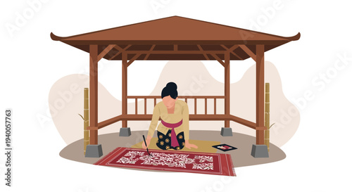 Balinese Woman Creating Batik Art in Traditional Gazebo