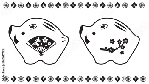 Boar shaped figurines with traditional Japanese fan and plum blossom decorations, black and white outline graphics