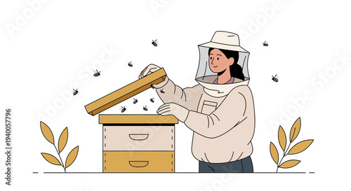 Beekeeper in protective suit opening beehive, surrounded by bees and plants