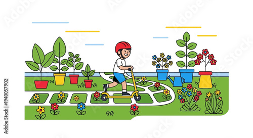 Boy riding scooter in garden with flowers and plants