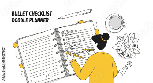 Bullet Journal Planner: Woman Doodling To-Do List, Pen, Coffee, Plant