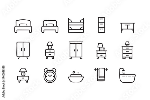 Home Furniture Bed Wardrobe And Bathroom Line Icons