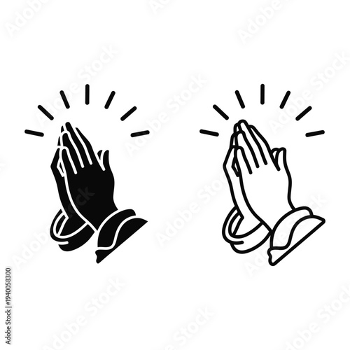 Black and white praying hands with sunburst lines
