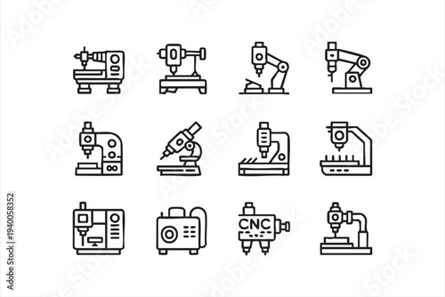 Industrial CNC Machines And Robotic Automation Outline Icon Set