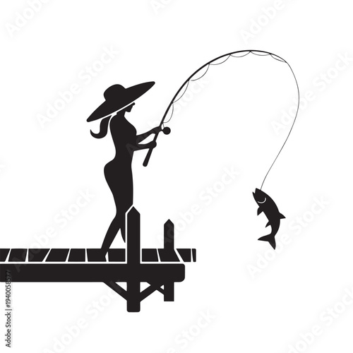 Woman Fishing from Dock Silhouette with Jumping Fish – Female Angler Outdoor Recreation Illustration