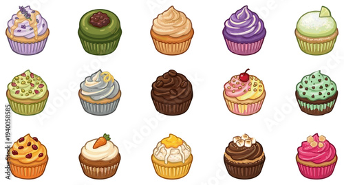 Collection of 15 Gourmet Cupcake Icons with Unique Flavors and Toppings