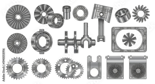 Collection of mechanical parts and gears in grayscale.