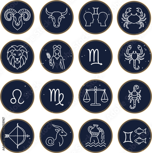 Complete zodiac signs vector icon set with minimalist white line art for professional horoscope branding astrological natal chart readings and boutique identity design