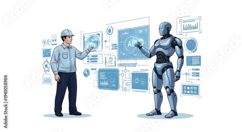 Man and robot collaborating with futuristic interface elements.