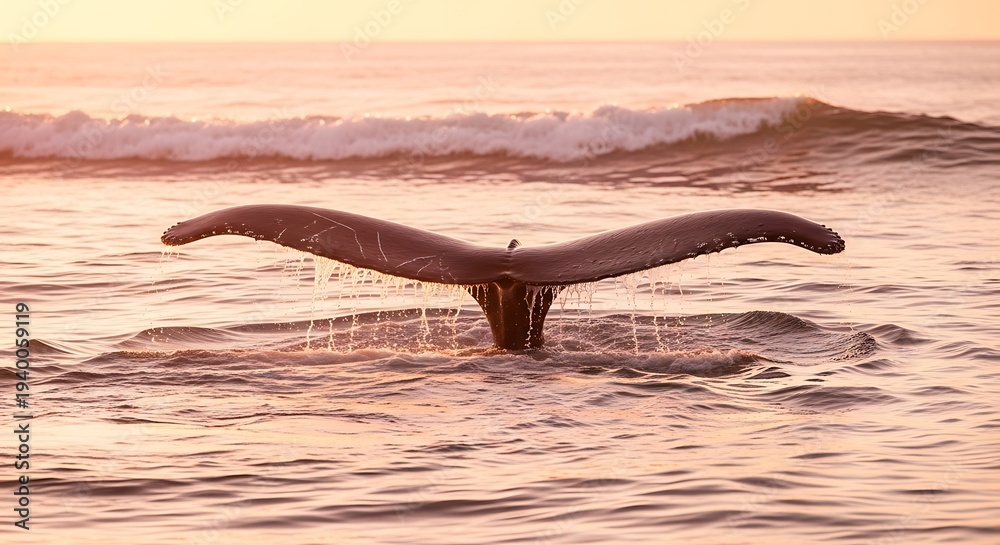 Fototapeta premium Whale Tail Diving into Ocean Waves Sunset.