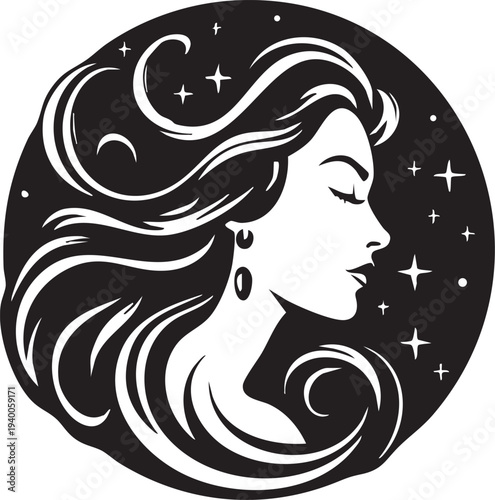 Beautiful woman profile silhouette with flowing wavy hair and stars inside circular black border