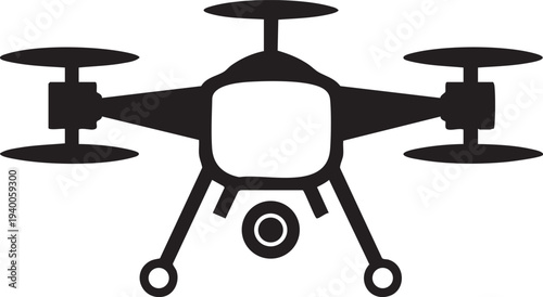 Surveillance quadcopter drone silhouette vector icon with landing gear and central camera system