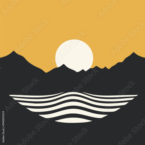 Minimalist mountain landscape at sunset with sun reflecting on water waves in retro artistic sty