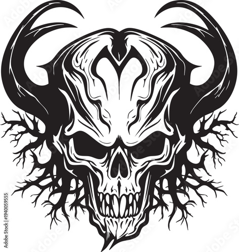 Demon skull vector art illustration with roots and horns black and white drawing on white background