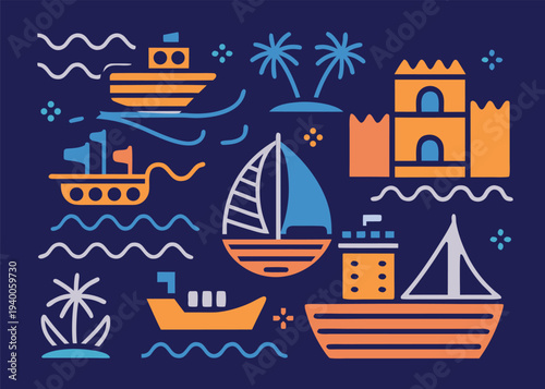 Stylized orange and blue maritime icons featuring a coastal fortress and palm trees alongside several types of boats on a dark blue background.