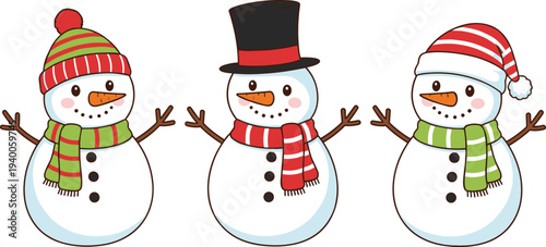 Set of three cute snowman illustrations with winter accessories like hats and scarves for festive holiday season designs.