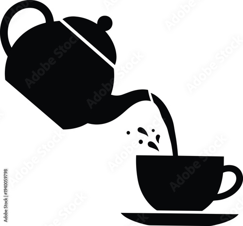 Solid black silhouette illustration of a teapot pouring hot tea into a cup with a saucer and splashes vector.