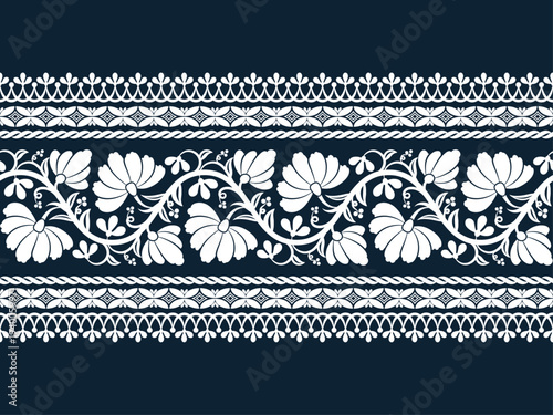 Elegant folk-style white floral vine and geometric border pattern on dark navy. Ideal for textiles, elegant stationery, and digital frames.