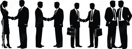 Professional Business Silhouette Set Featuring Corporate Partners Shaking Hands Conducting Meetings and Networking for Successful Collaboration in Modern Office Environment