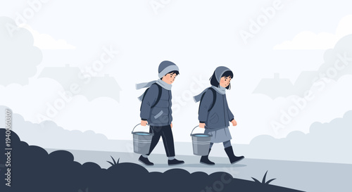 Children carrying buckets in winter, walking on a path, cold weather, carrying water