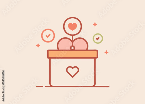 A flat illustration of a light orange donation box with a heart symbol and checkmark icons on a pale peach background.