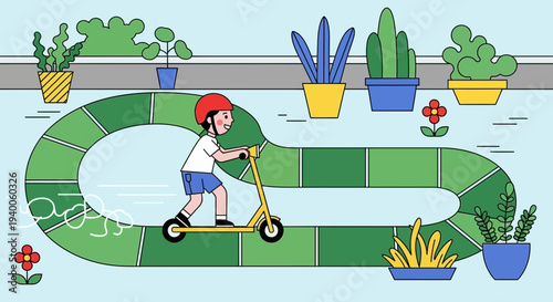 Child riding scooter on green path, surrounded by potted plants and flowers