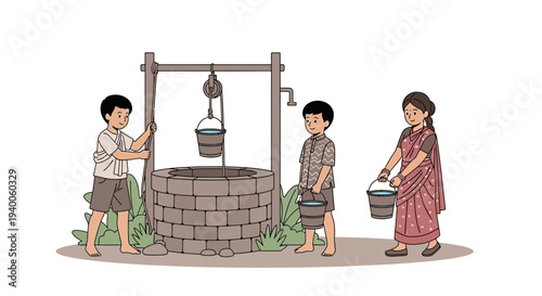 Children and woman fetching water from a well in a village, rural life, daily chores