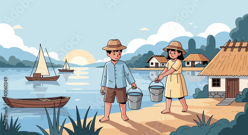 Children carrying water buckets by a serene lake with sailboats at sunrise, rural village scene