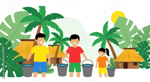 Children carrying water buckets in a tropical village with huts and palm trees