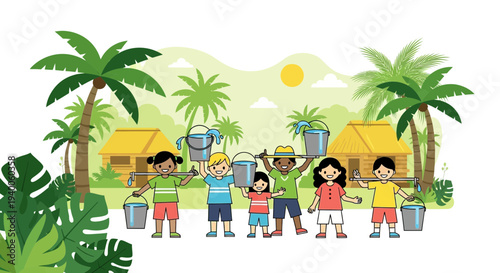 Children carrying water buckets in a tropical village, community effort, helping hands