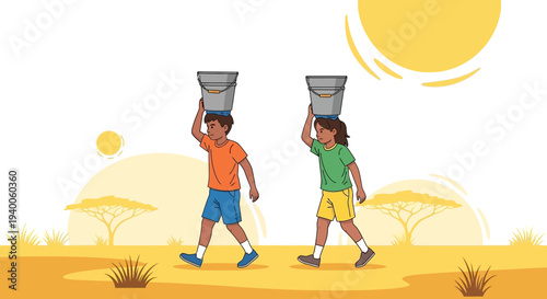Children carrying water buckets in arid landscape, symbolizing hardship and resourcefulness