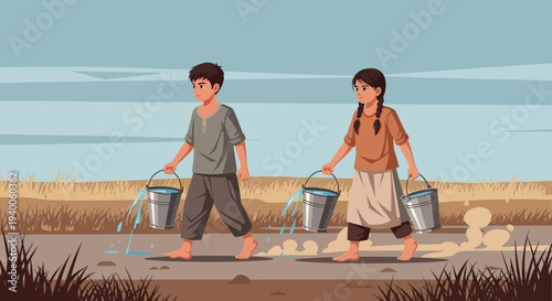 Children carrying water buckets in dry landscape, symbolizing drought and hardship
