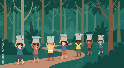 Children carrying water buckets on forest path, teamwork, community, childhood, nature