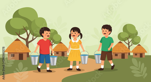 Children carrying water buckets in a rural village, illustrating daily life and community effort