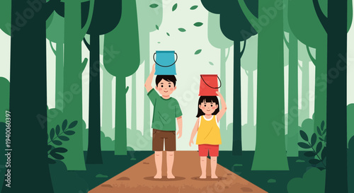 Children carrying water buckets on heads in a lush green forest path