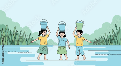 Children carrying water buckets on heads in a rural landscape
