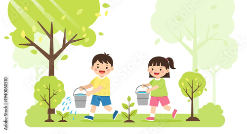 Children Planting Trees, Watering Seedlings in a Sunny Garden