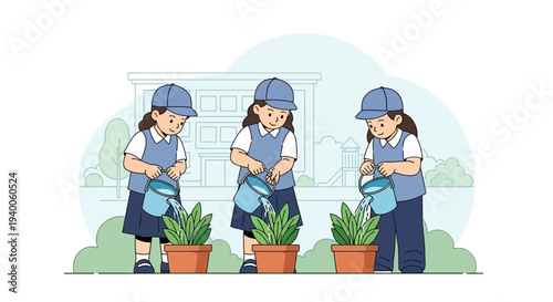 Children watering plants in school garden, education, teamwork, nature