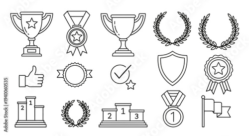 Collection of Award and Victory Icons: Trophies, Medals, Ribbons, Laurel Wreaths, Podium, Shield, Flag