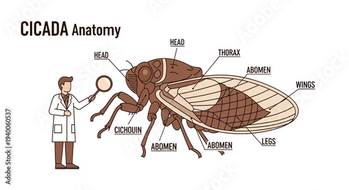 Cicada Anatomy Diagram: Scientist Explains Insect Structure with Magnifying Glass